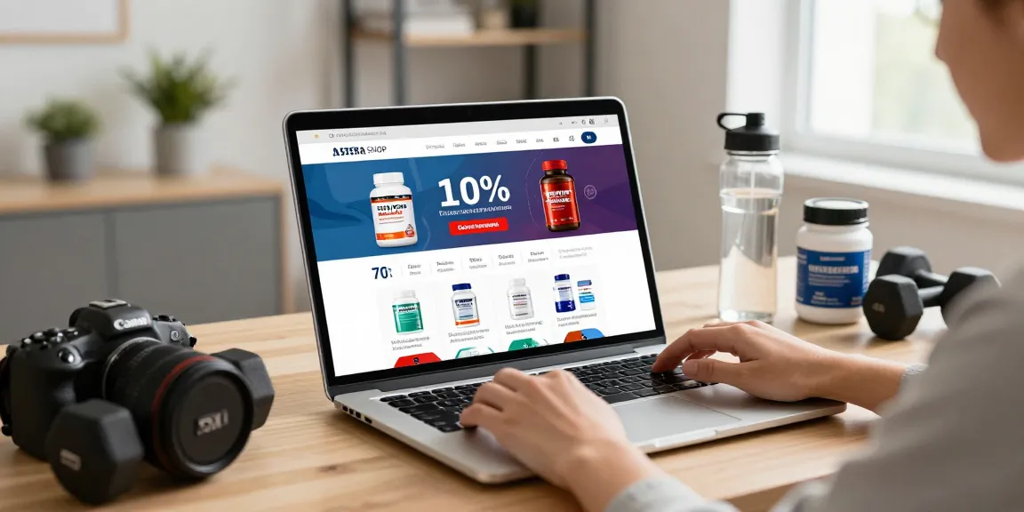 Astera Shop showcasing a user browsing high-quality steroid products online with engaging visuals and a discount banner.