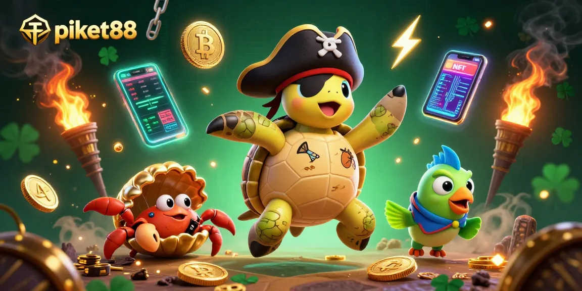 Spin to win with piket88, showcasing vibrant underwater creatures and crypto elements in a casino adventure.