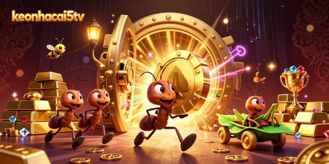 Win big with keonhacai5tv in this vibrant 3D rendering of ants on a thrilling casino heist.