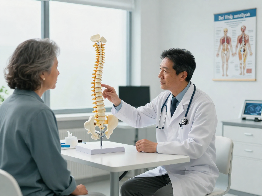 Patient consultation for bel fıtığı ameliyatı in a modern clinic with neurosurgeon and anatomical model.