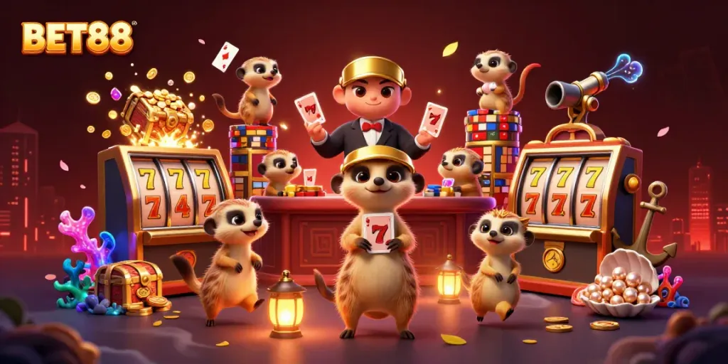 Experience the excitement of BET88 with a dynamic meerkat casino scene showcasing vibrant gaming elements and rich visuals.