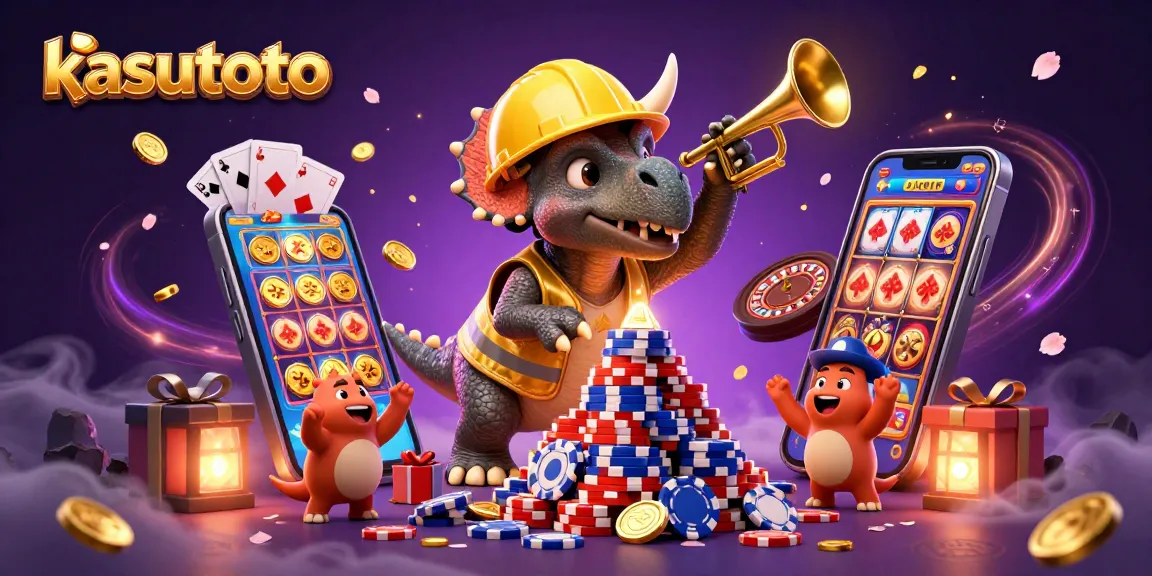 Kasustoto menampilkan triceratops membangun piramida chip poker dalam suasana festival permainan kasino.