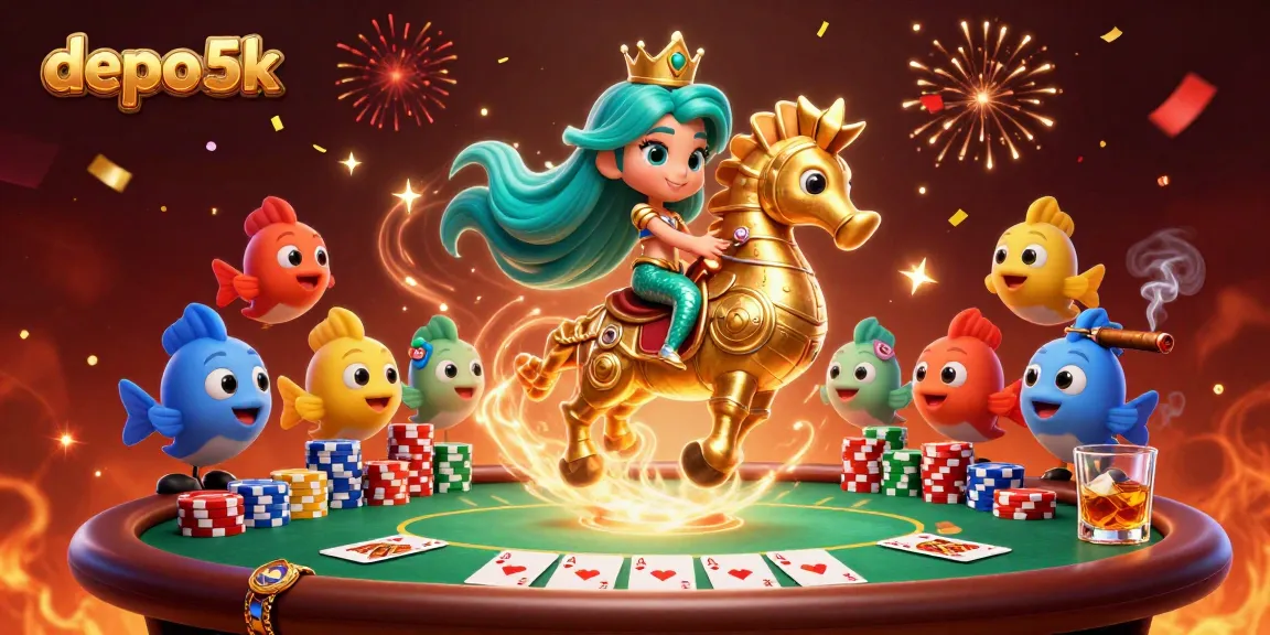 Spin reels at depo 5k slots with mermaid magic and poker excitement in a vibrant casino scene!