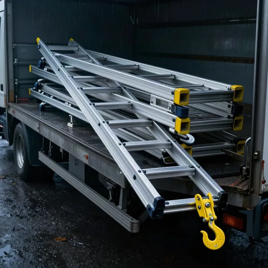 Ladders on a rain-darkened truck bed at dawn with mist and dramatic rim light