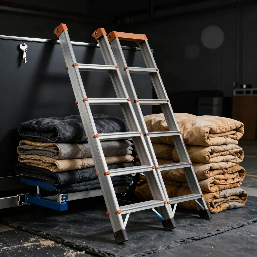 Nested extension ladders, moving blankets, and stabilizer bar on dark slate in dramatic studio light.