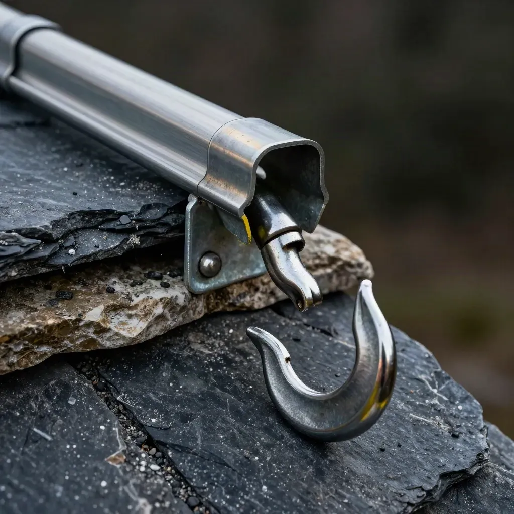 Roof ladder hook and gutter brackets on stone, with slate chips in hard side light.