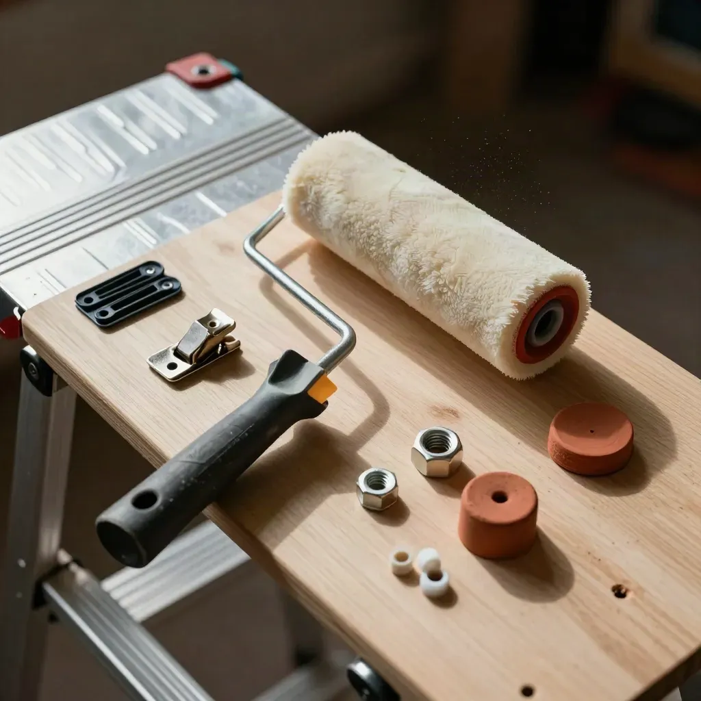 Platform ladder deck, roller frame, and repair kit pieces on pale wood
