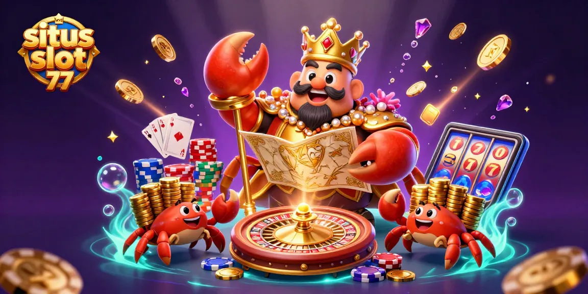 Situs slot 77 showcases a vibrant 3D casino scene with a golden crab emperor and lucky gaming symbols.