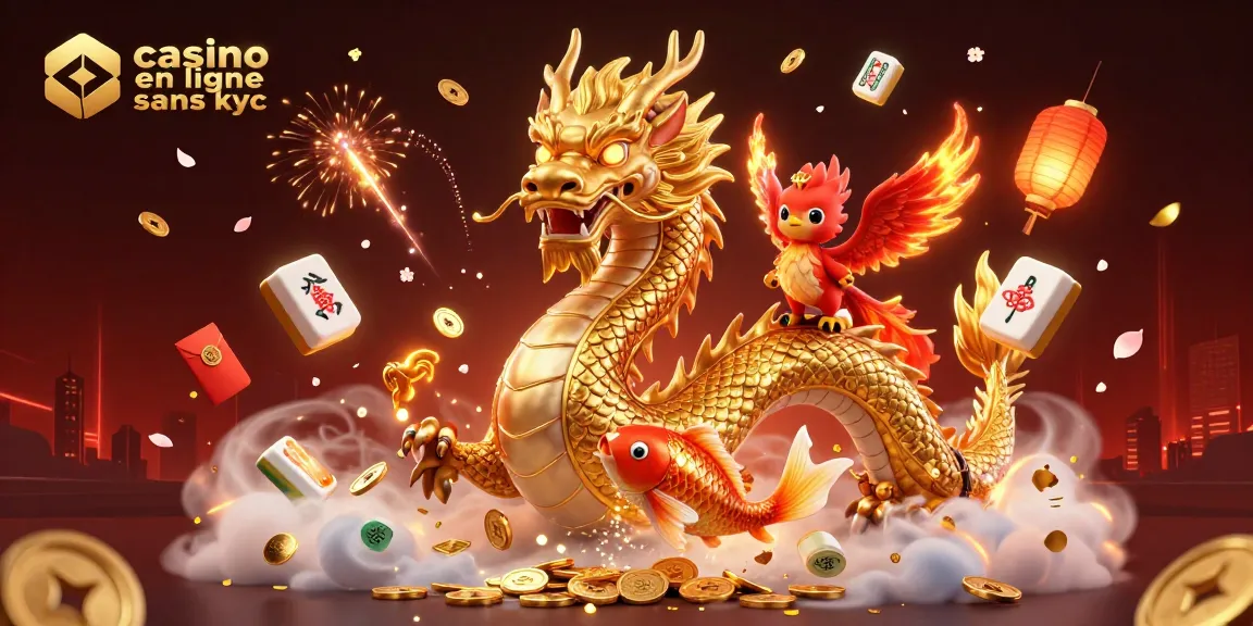 Profitez d'une expérience de jeu captivante au casino en ligne sans KYC avec un dragon doré et des éléments animés.