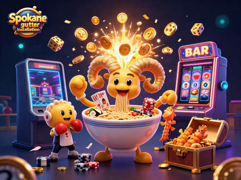 Experience Spokane gutter installation with a vibrant casino-themed 3D illustration featuring lively characters and dynamic elements.