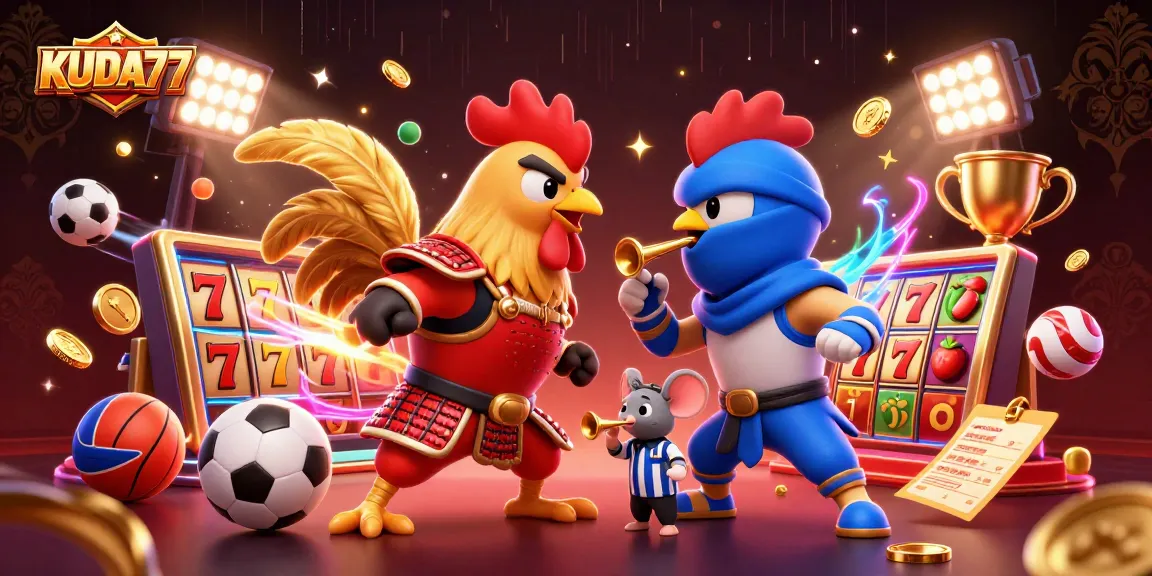 KUDA77 menampilkan pertarungan rooster 3D dengan simbol slot menang di sekitar mereka.