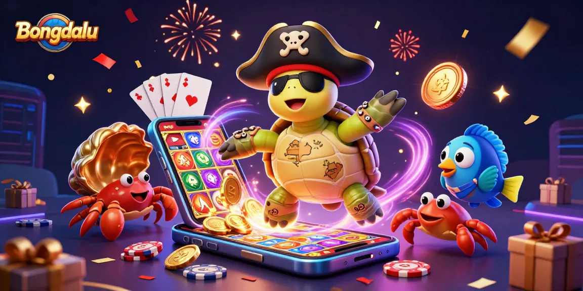 Bongdalu features a pirate turtle, crab, and fish amidst vivid casino elements, celebrating online gambling excitement.