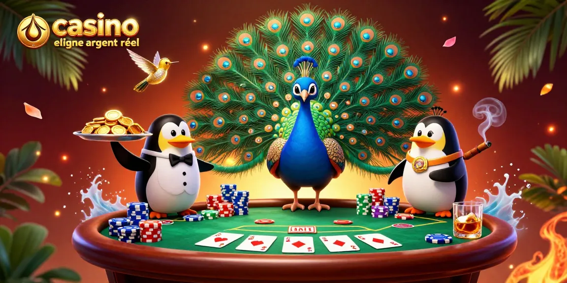 Engagez-vous avec l'action du casino en ligne argent réel mettant en avant un paon vibrant, un pingouin et un colibri dans une scène de jeu animée.