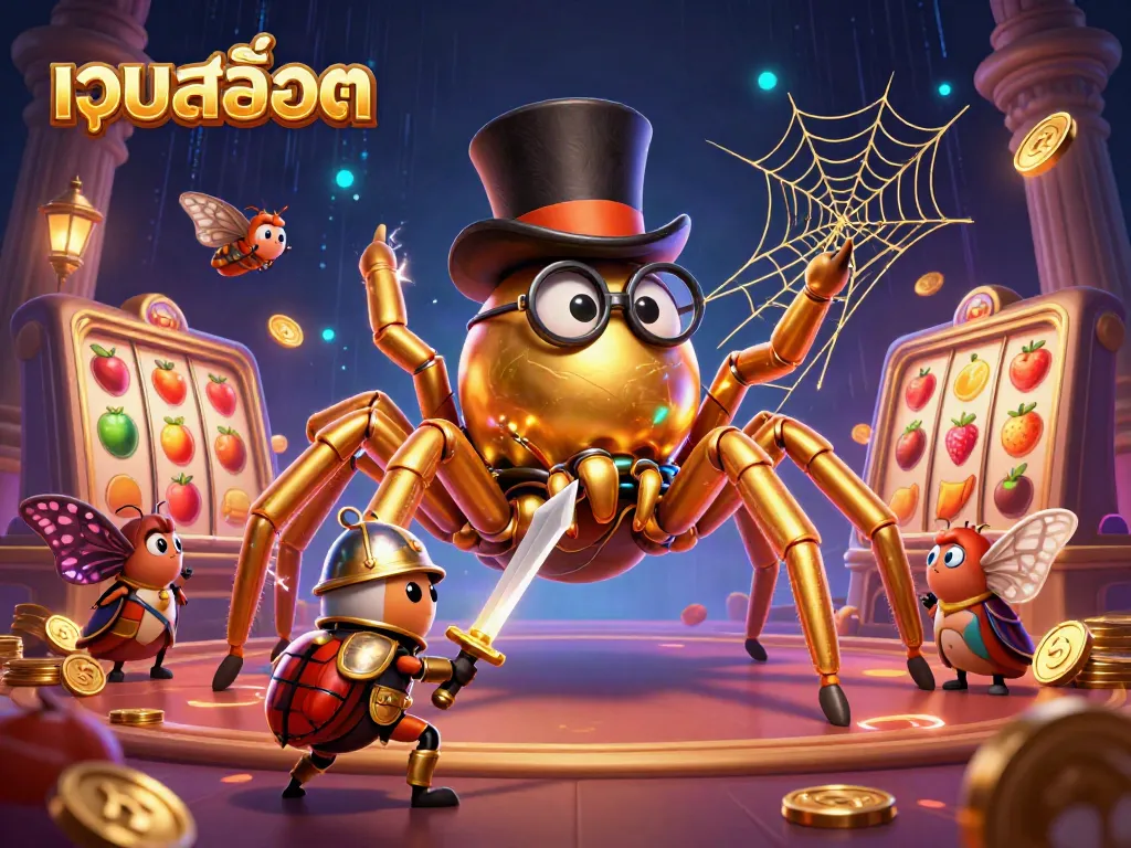 Experience the thrill of เว็บสล็อต with a dynamic scene of a golden tarantula and beetle knight amidst slot reels.
