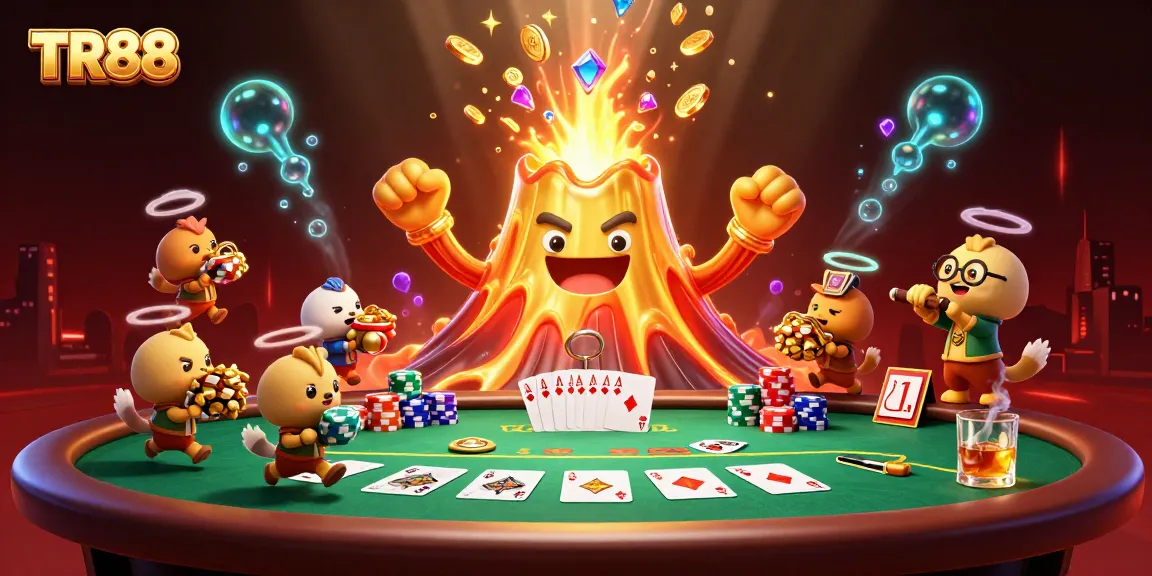 Win big at TR88 with a triumphant golden volcano erupting treasures at a lively poker scene.