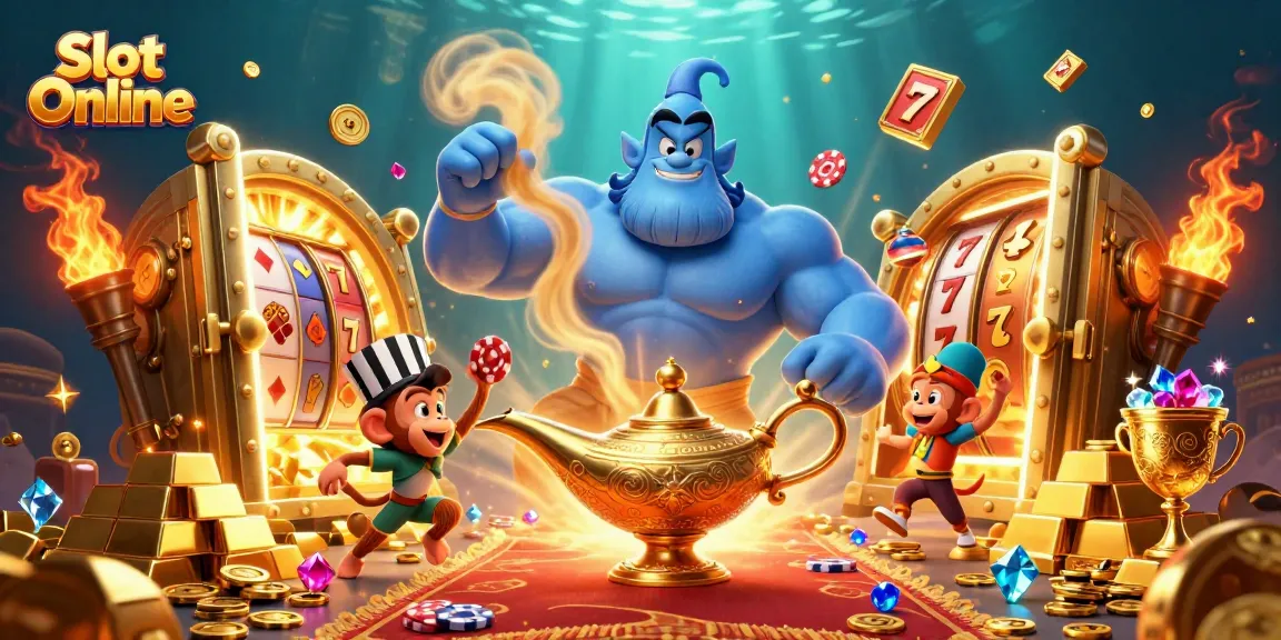 Engage with Slot Online through a magical scene featuring a genie, monkey, and treasure