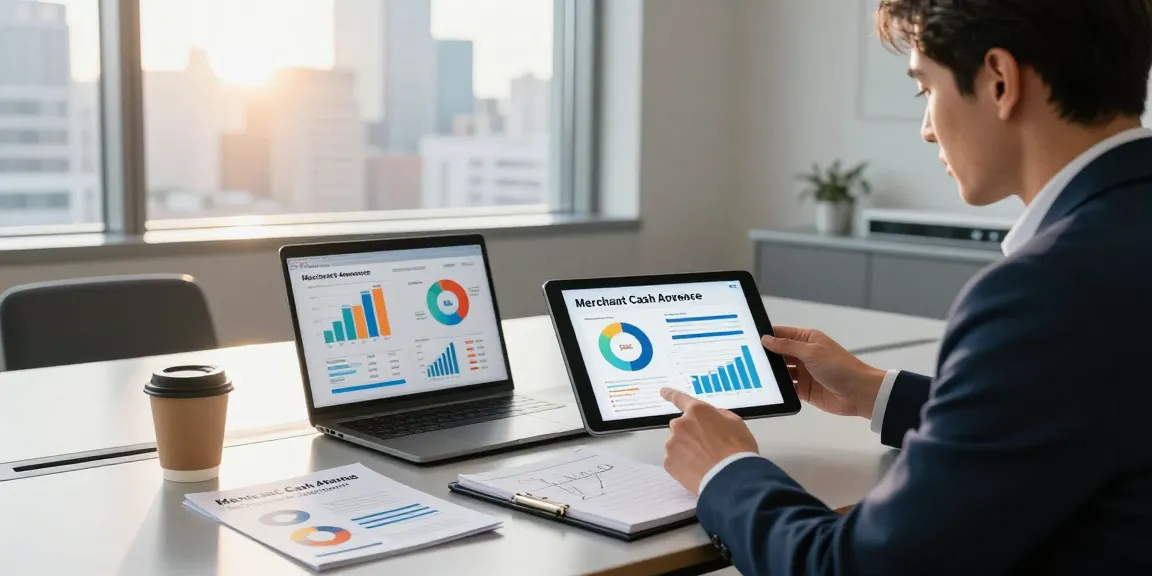 Consultation on merchant cash advance UK options in a modern office setting with financial advisor and business owner.