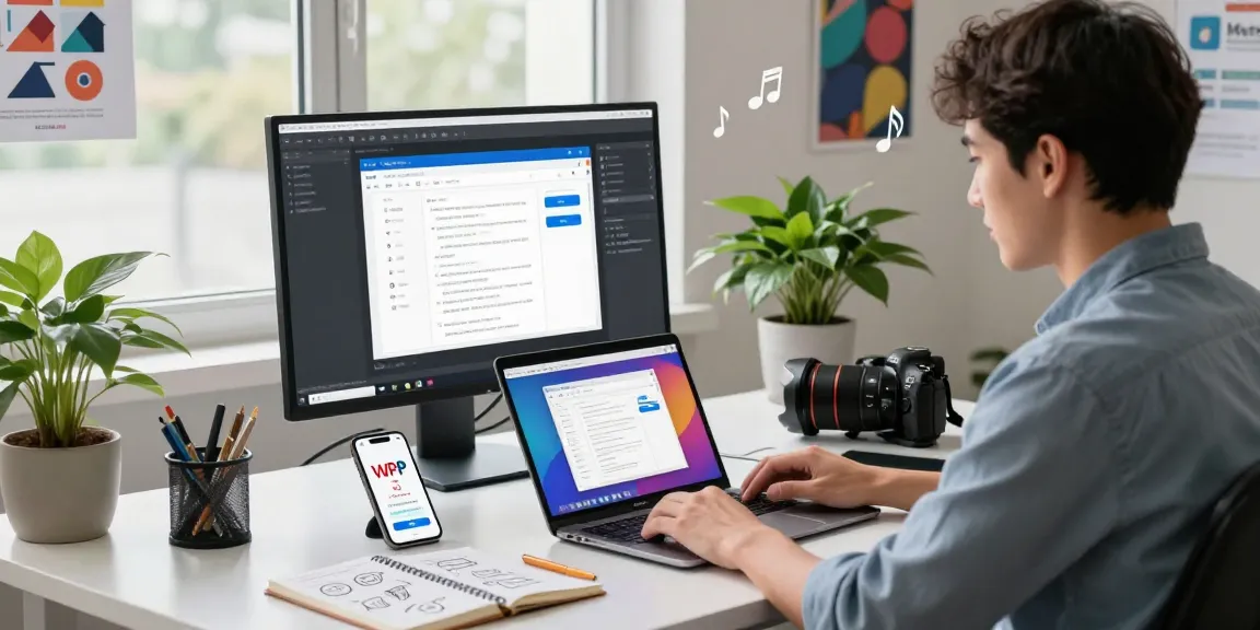 WPS下载 on a laptop in a modern office workspace showcasing collaborative editing tools, vibrant document interface.