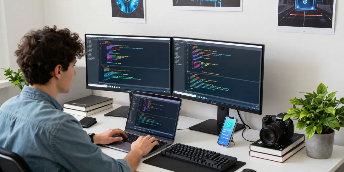 Efficient workspace showing a programmer using 纸飞机中文版 app on laptop, surrounded by coding tools and tech gadgets.