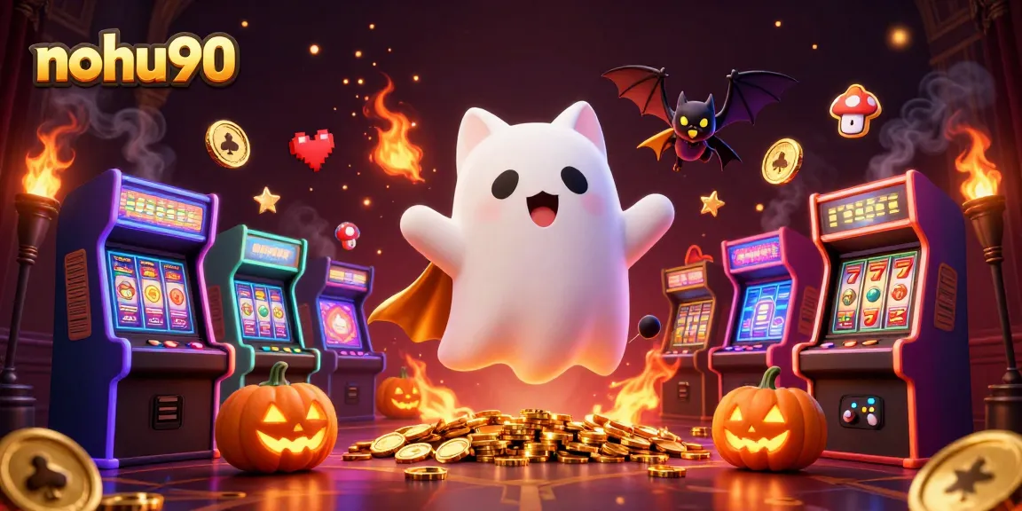 Nohu90 casino scene with a ghost cat and glowing pumpkins, featuring slot machines and arcade games.