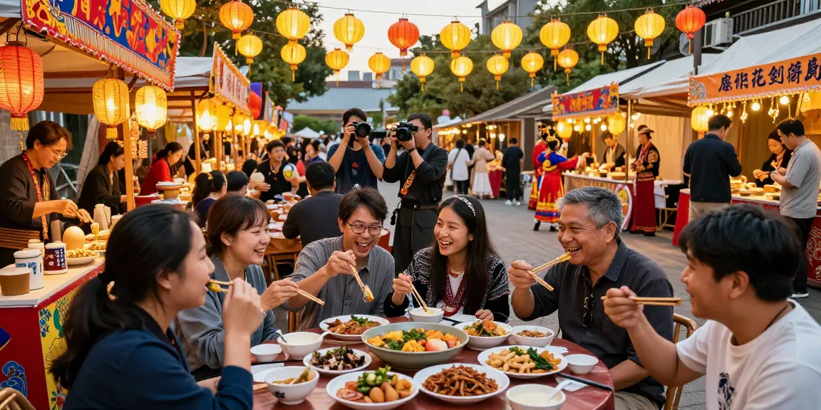Explore Asian culture and cuisine at https://hanadultalk.com festival scene with diverse people enjoying traditional dishes.
