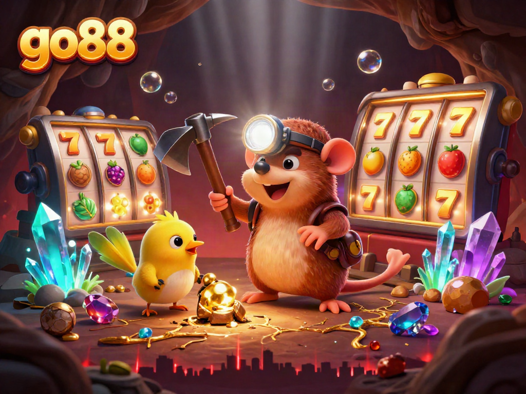 Go88 slots reveal a treasure-filled cave with luck-enhancing symbols and vibrant characters