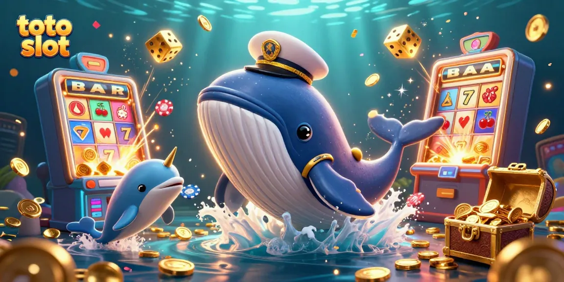 Experience excitement with the toto slot as a cartoon whale and friends celebrate gaming wins.
