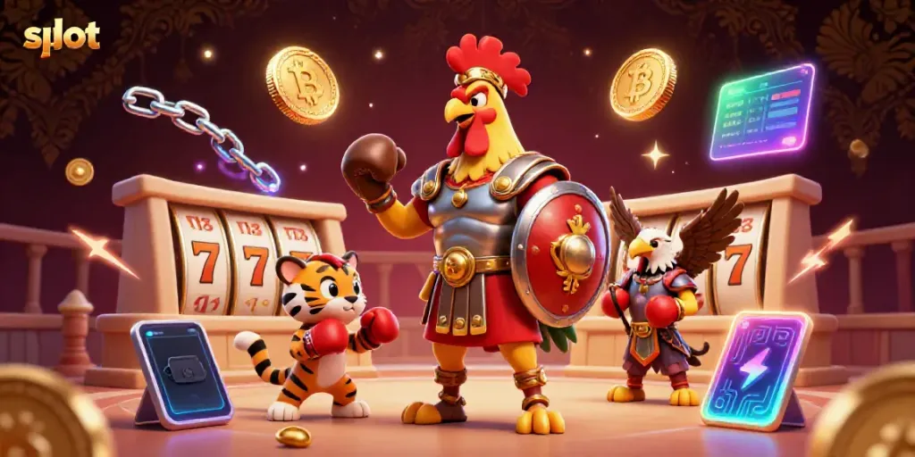 Permainan slot menarik di KING999 dengan karakter ayam jantan berarmor di arena judi.