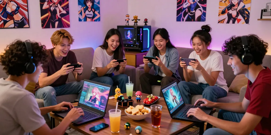 Group enjoying a hentai game night in a vibrant living room with anime decor.