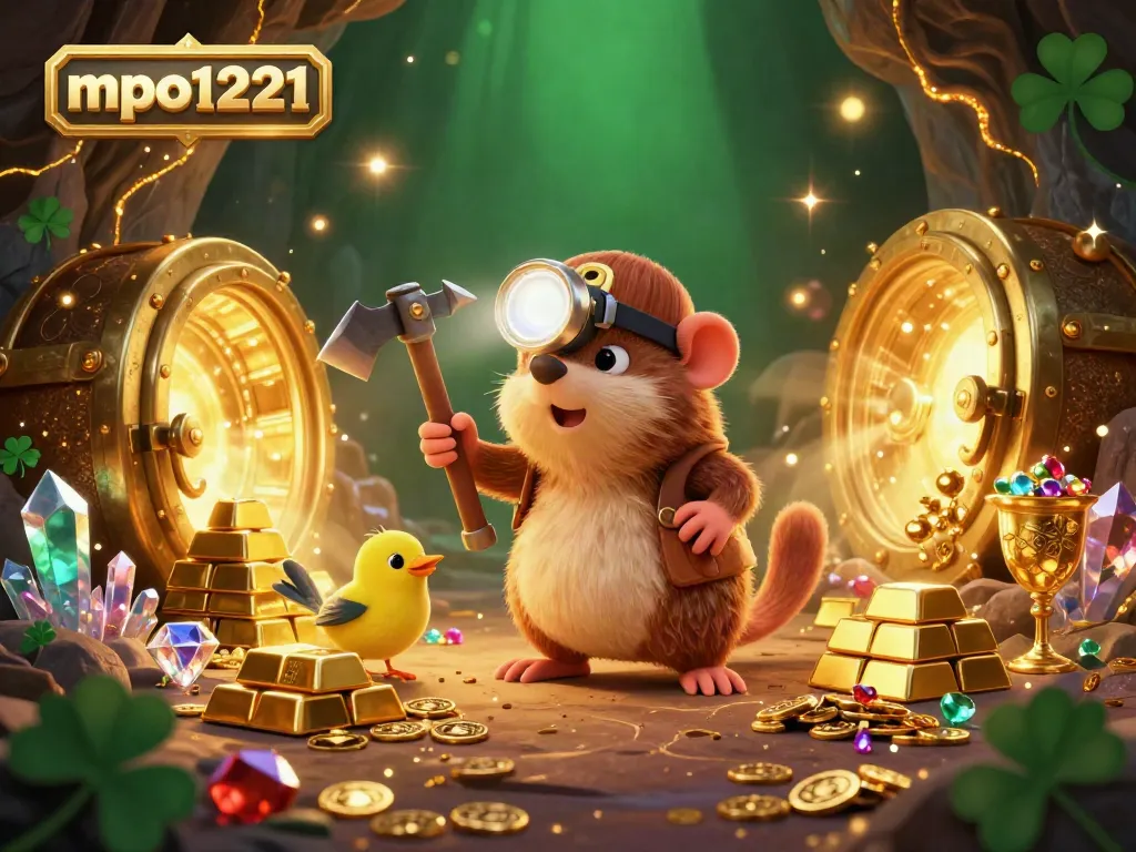 Join the treasure hunter mole and canary on an adventure at mpo1221, surrounded by gems and gold.