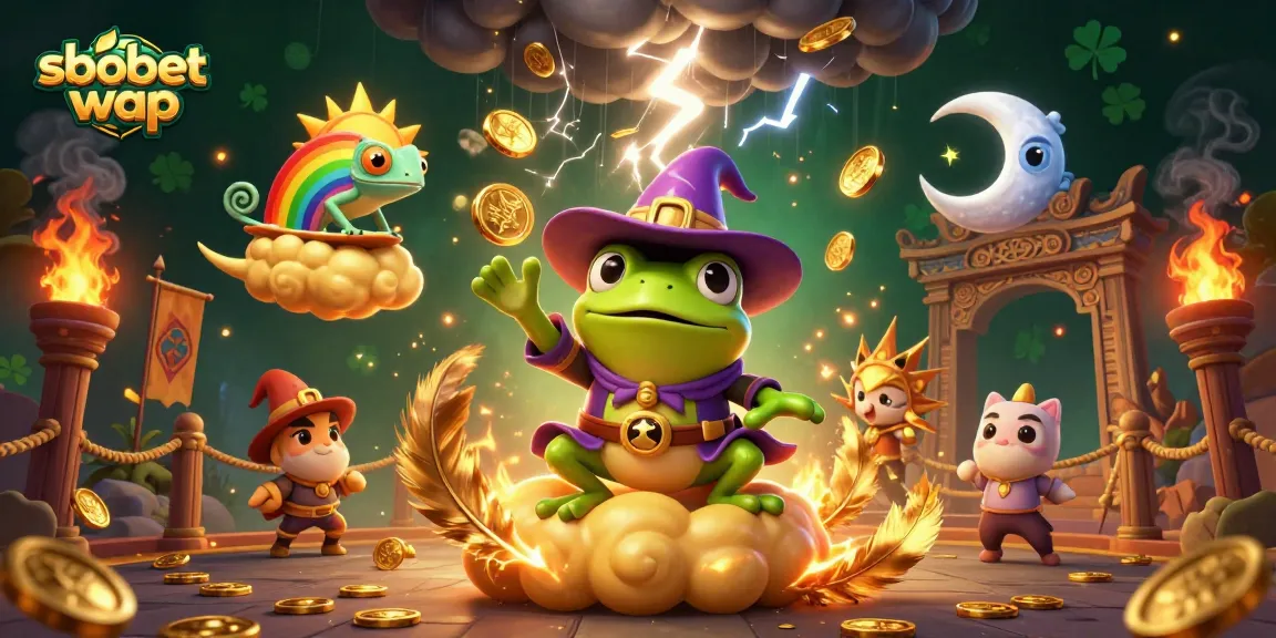 Bet on sbobet wap with a 3D wizard frog creating golden coin storms amidst vibrant casino elements.