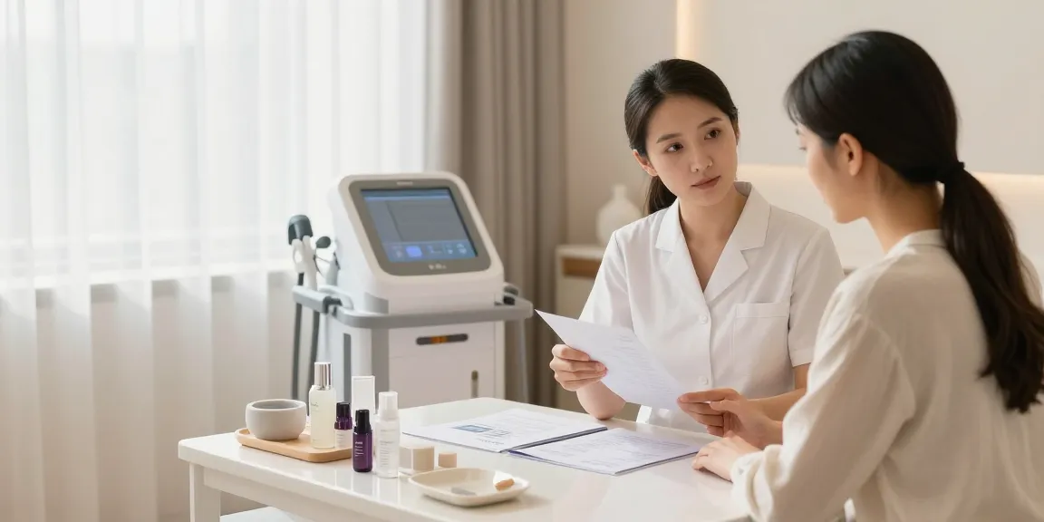 クライアントが穏やかなスパ環境でVIO脱毛+クリニックの利点について学んでいる