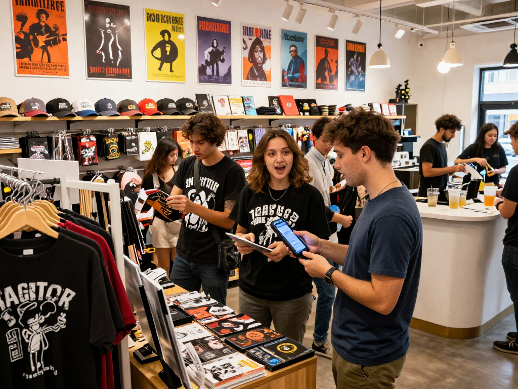 Shopping scene featuring diverse friends exploring rokok 88 merchandise in vibrant store