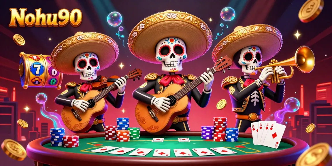 Nohu90 offers vibrant gaming action with skeleton mariachi band amid a colorful casino scene.