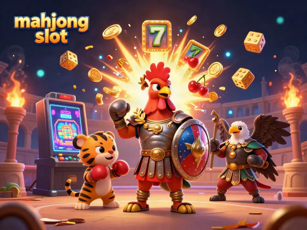 Experience the thrill of mahjong slot with an exciting 3D illustration showing dynamic characters and casino elements.