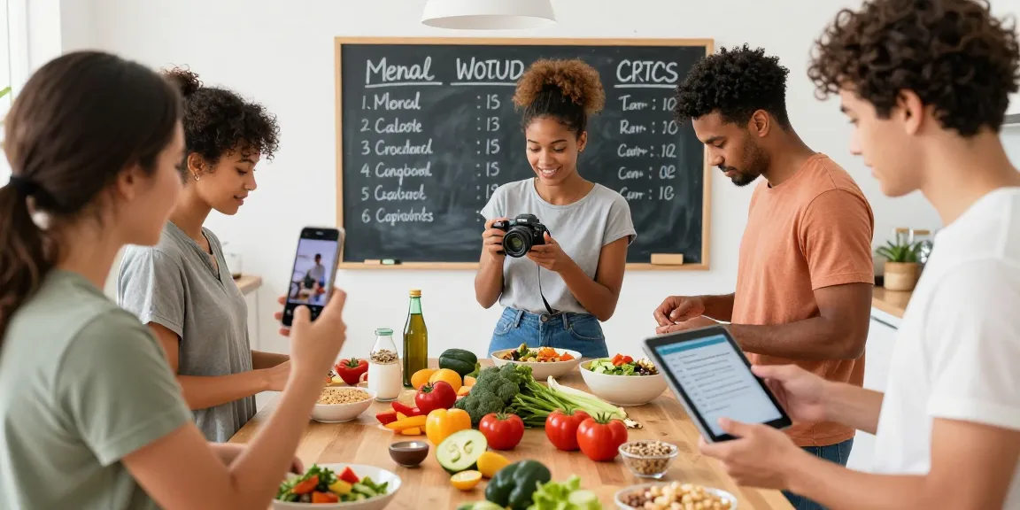 A group tracking their meals using the best calorie tracking apps in a bright kitchen while preparing healthy dishes.