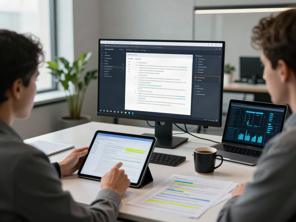 Document fraud detection software interface in a modern office setting, with colleagues collaborating on analysis.