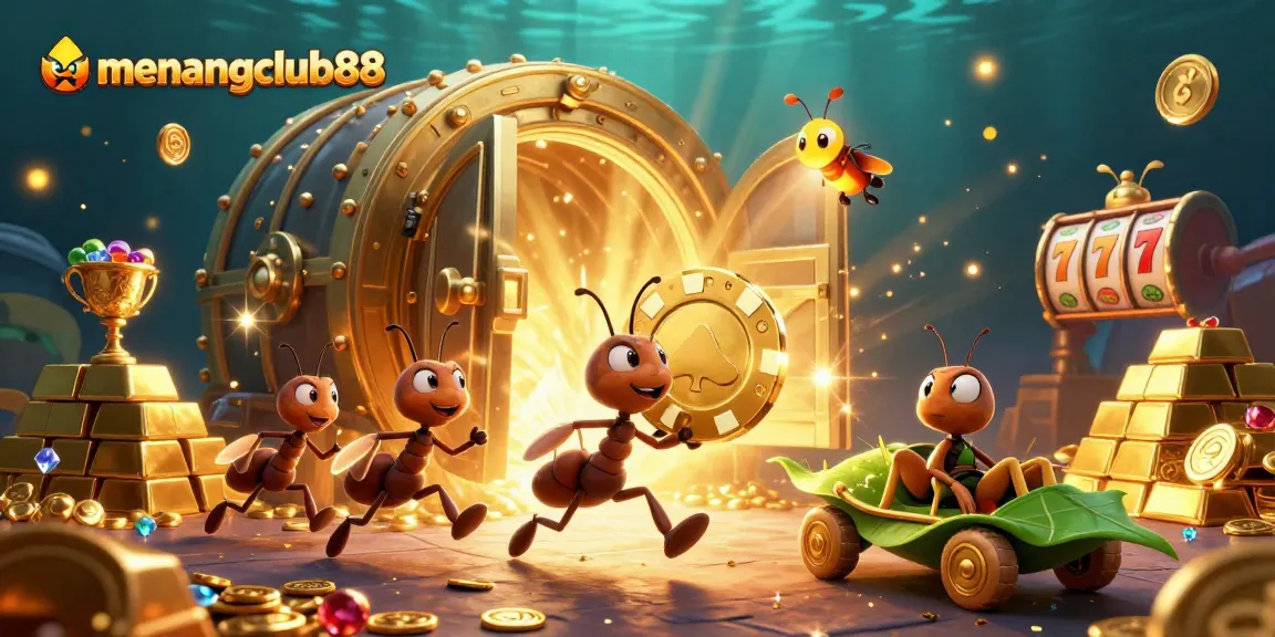 Experience the gaming excitement with menangclub88; ants carrying poker chip amidst treasure elements.