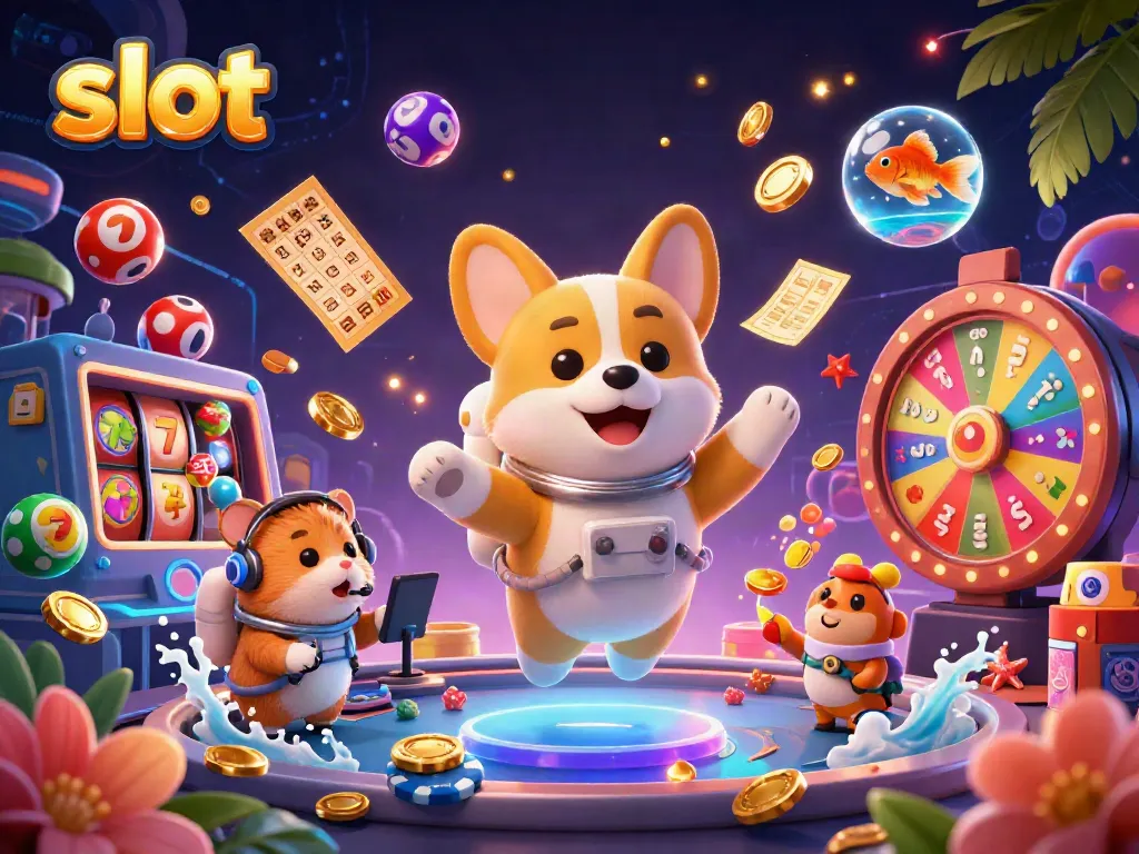 Menggali slot dengan corgi astronot dan elemen permainan kasino yang penuh warna.