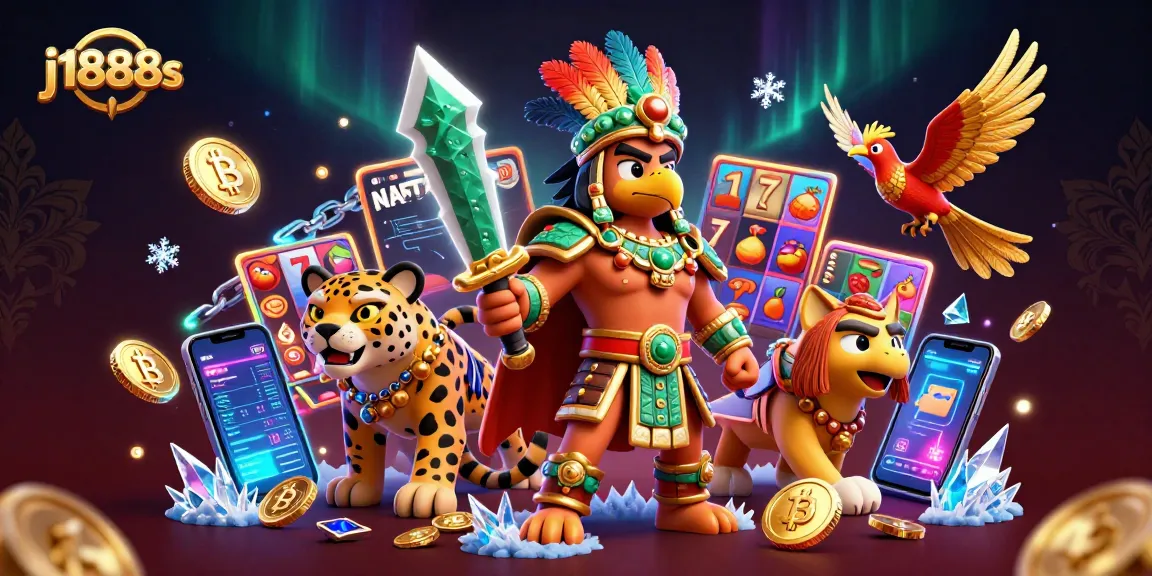 Engage with j1888s through vibrant slot reels and dynamic crypto elements in a rich casino scene.
