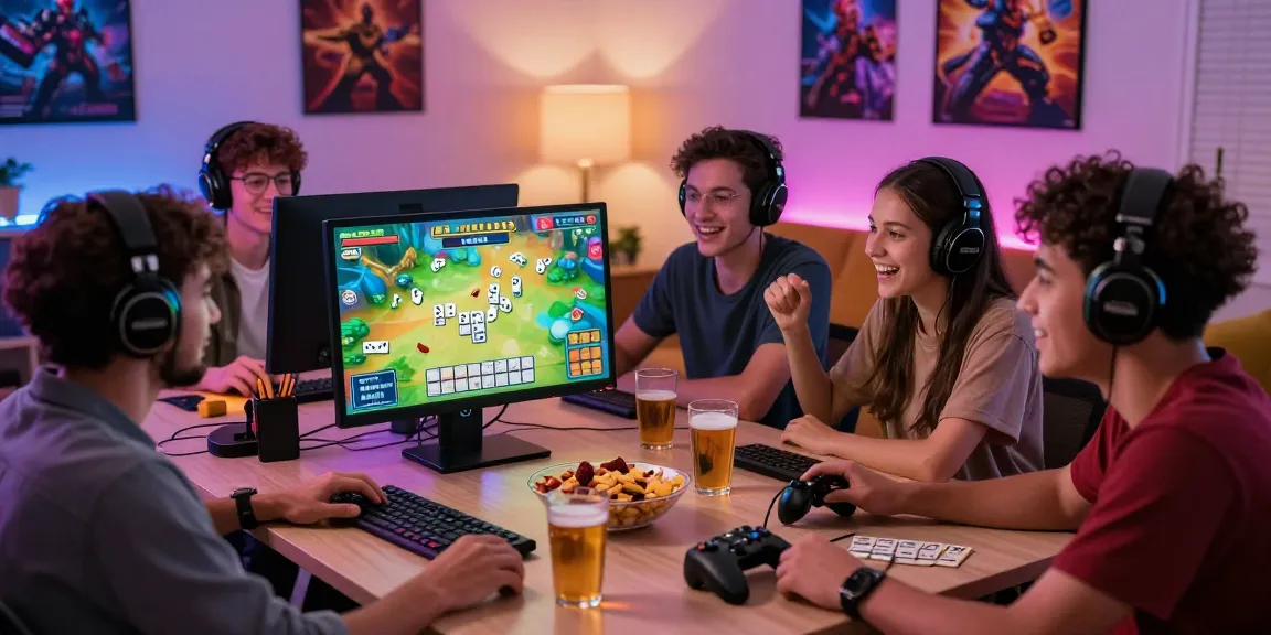 Join the thrill of online gaming with Daftar Dominobet, showcasing friends playing dominoes together in a vibrant atmosphere.