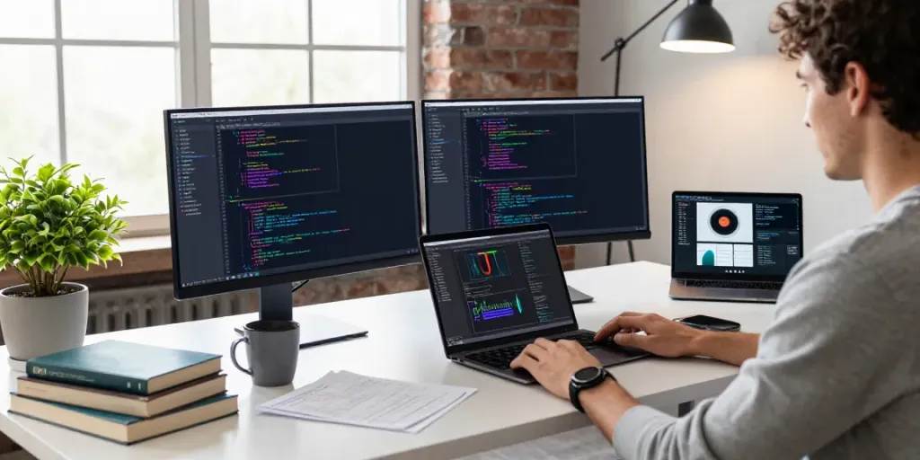 Developer coding at dual monitors in a vibrant workspace, highlighting h5.2113.net's Android apps.
