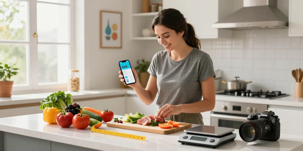 Using the best macro tracker app while cooking healthy meals in a bright kitchen.