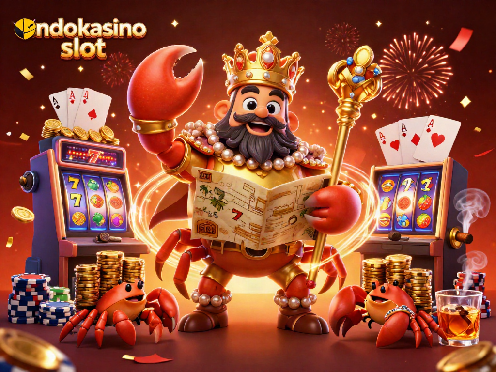 Mainkan indokasino slot dan menangkan harta karun bersama raja kepiting emas dalam ilustrasi kasino yang meriah.