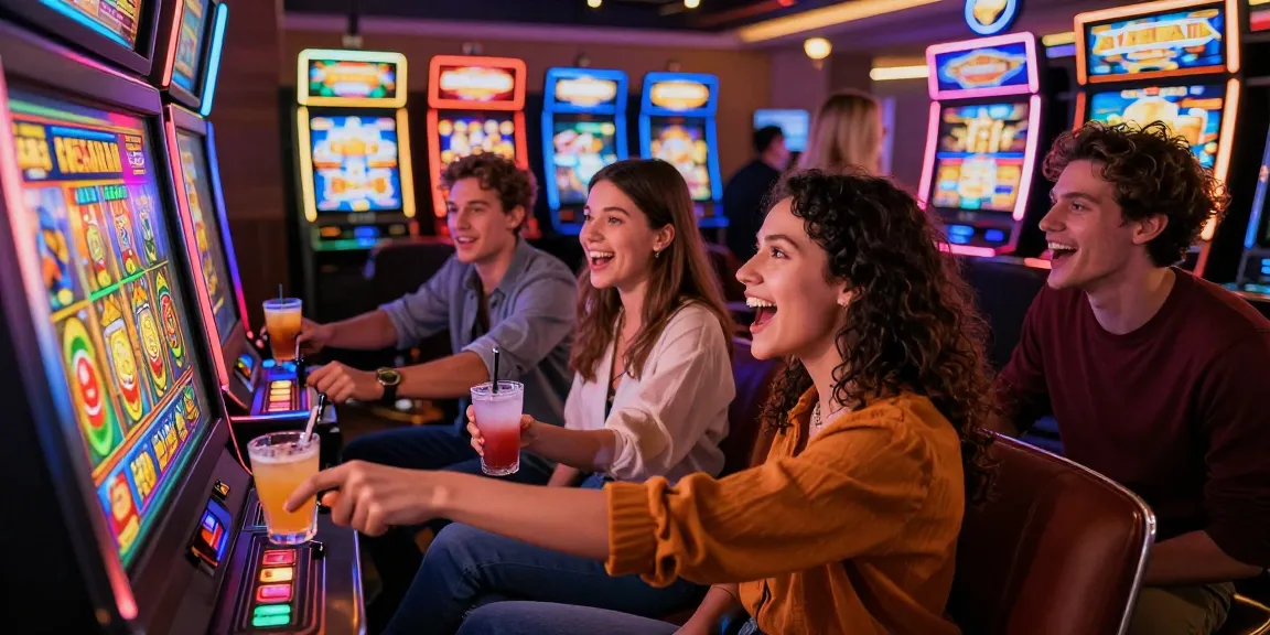 Group enjoying slot machine games in a lively casino atmosphere