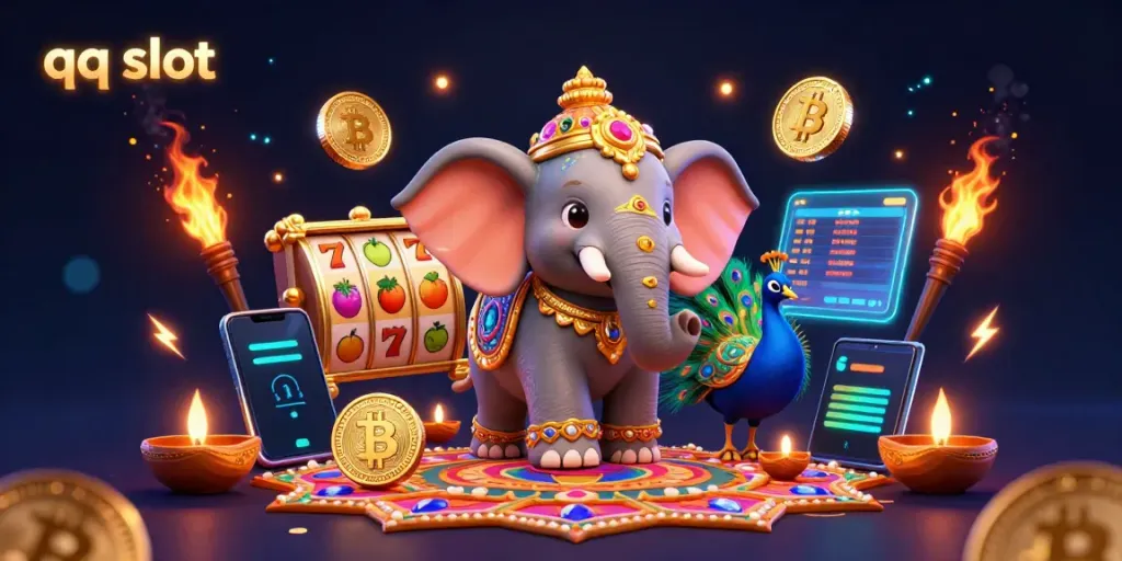 Engage in thrilling qq slot gameplay with vibrant characters, dynamic slot elements, and cryptocurrency visuals.