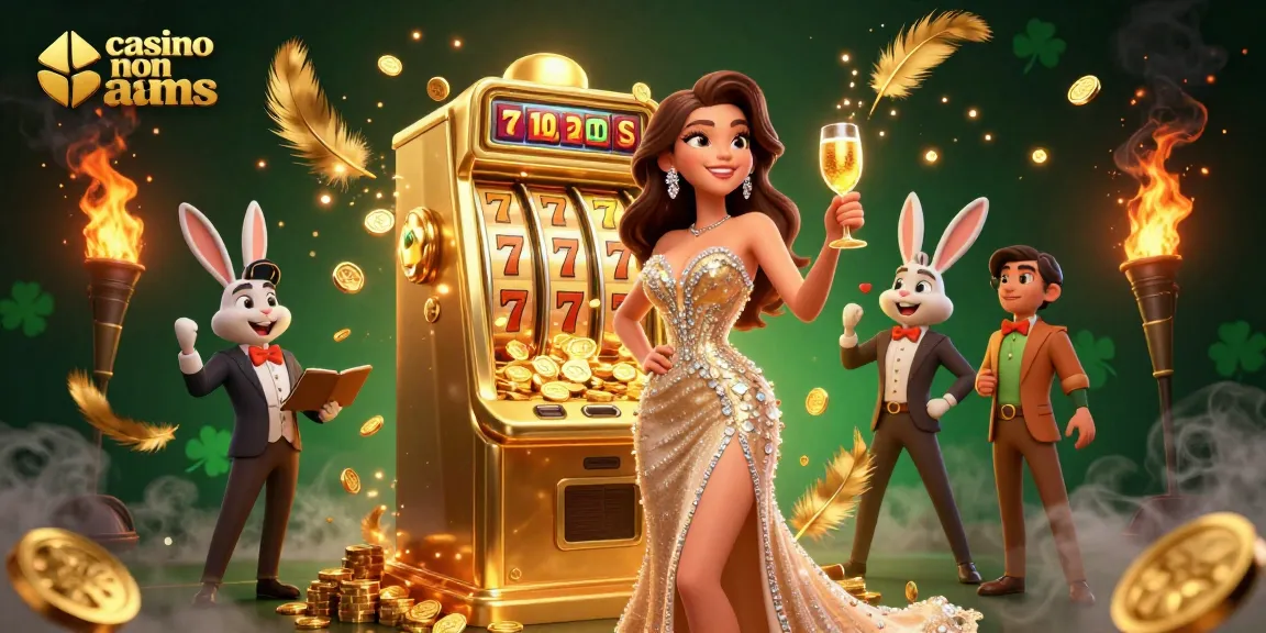 Immergiti nell'emozione dei casinò non AAMS con una scena di jackpot glamour che presenta una donna straordinaria e un croupier con un coniglietto.