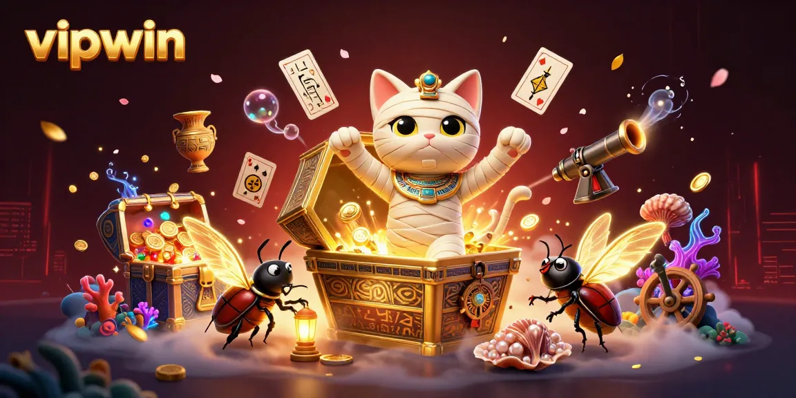 Unleash your luck with vipwin as the Egyptian mummy cat captures treasures in a vibrant casino.