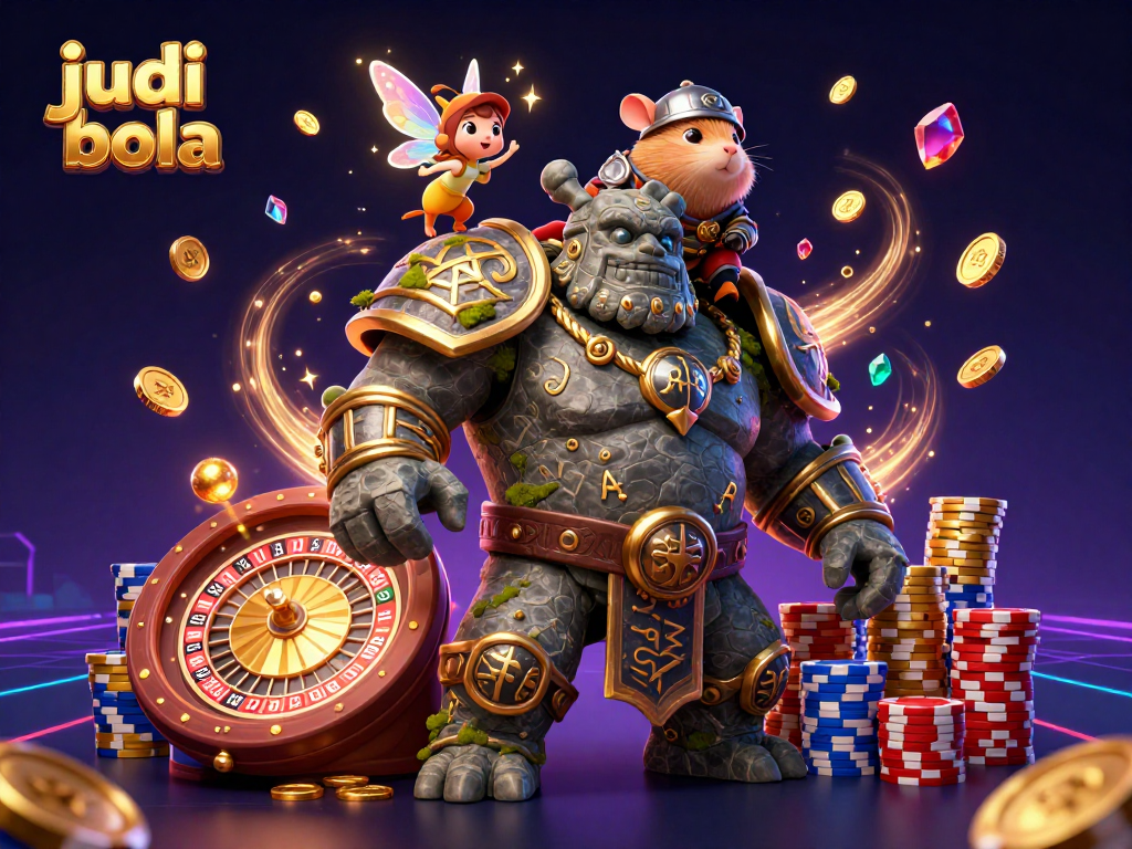 Engage in judi bola action with a magical scene featuring a golem, knight, and sparkling elements.