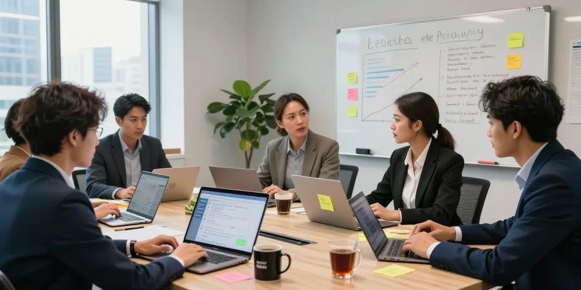 Marketing team discussing strategies to manage companynamesucks.com reviews effectively in a modern office.